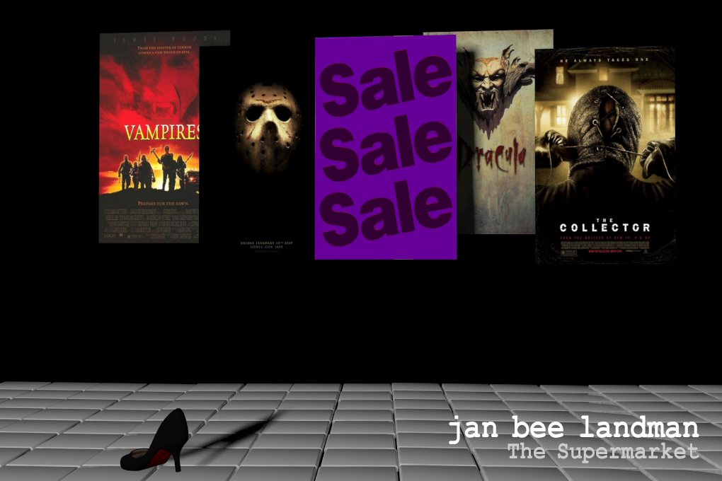 abandoned shopping cart under posters of horror movies